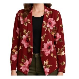 Chocolate USA Women Blazer/Blouse‎ Size L Burgundy Floral Open Front Lightweight